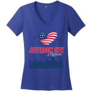 Jefferson City Missouri Skyline American Flag Heart Gift Women's V-Neck T-Shirt