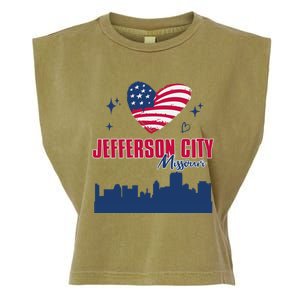 Jefferson City Missouri Skyline American Flag Heart Gift Garment-Dyed Women's Muscle Tee