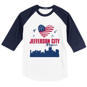 Jefferson City Missouri Skyline American Flag Heart Gift Baseball Sleeve Shirt