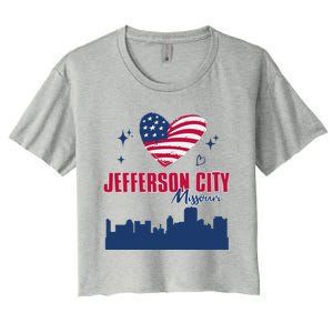 Jefferson City Missouri Skyline American Flag Heart Gift Women's Crop Top Tee