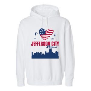 Jefferson City Missouri Skyline American Flag Heart Gift Garment-Dyed Fleece Hoodie