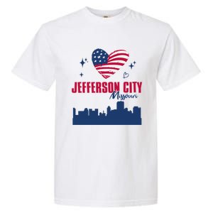 Jefferson City Missouri Skyline American Flag Heart Gift Garment-Dyed Heavyweight T-Shirt