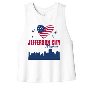 Jefferson City Missouri Skyline American Flag Heart Gift Women's Racerback Cropped Tank