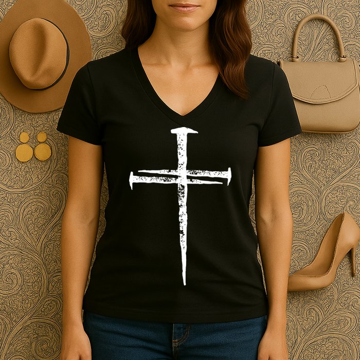 Jesus Christ My Savior Die For My Sins 3 Nails Cross Christian Catholic Women's V-Neck T-Shirt