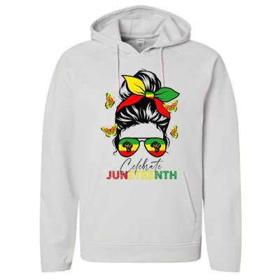 Juneteenth Celebrate Messy Bun Glasses Black Wo Performance Fleece Hoodie