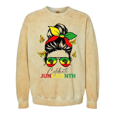 Juneteenth Celebrate Messy Bun Glasses Black Wo Colorblast Crewneck Sweatshirt