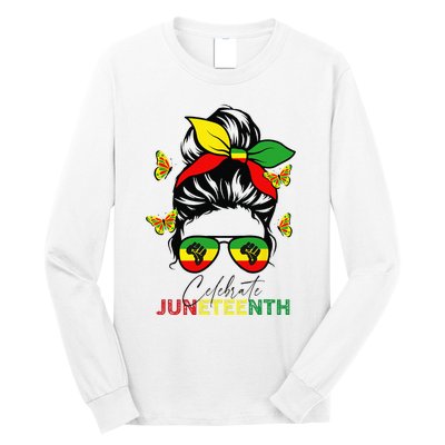 Juneteenth Celebrate Messy Bun Glasses Black Wo Long Sleeve Shirt