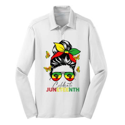 Juneteenth Celebrate Messy Bun Glasses Black Wo Silk Touch Performance Long Sleeve Polo