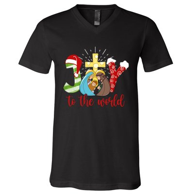 Jesus Christian Nativity Scene Joy To The World Christmas V-Neck T-Shirt