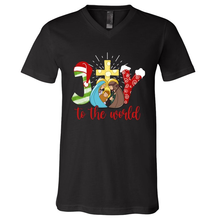 Jesus Christian Nativity Scene Joy To The World Christmas V-Neck T-Shirt