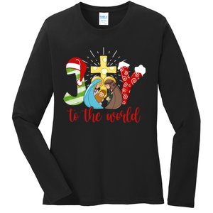 Jesus Christian Nativity Scene Joy To The World Christmas Ladies Long Sleeve Shirt