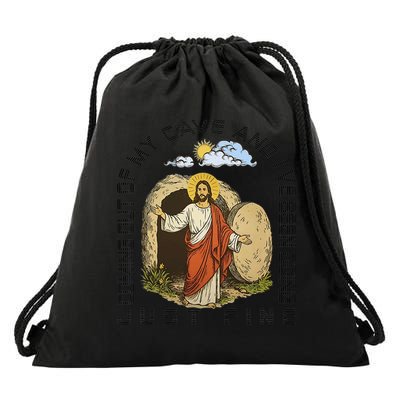 Jesus Coming Out Of My Cave And Ive Been Doing Just Fine Drawstring Bag
