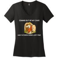 Jesus Coming Out Of My Cave And I've Been Doing Just Fine Women's V-Neck T-Shirt