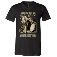 Jesus Coming Out Of My Cave And I'Ve Been Doing Just Fine V-Neck T-Shirt