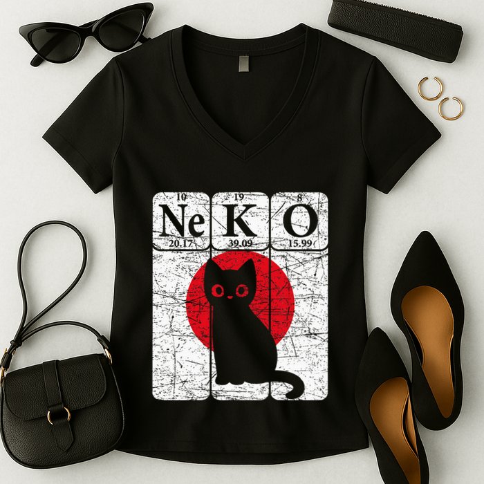 Japanese Cat Periodic Table Elements Kawaii Neko Japanese Women's V-Neck T-Shirt
