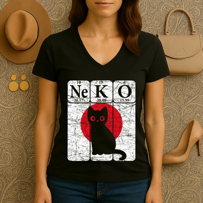 Japanese Cat Periodic Table Elements Kawaii Neko Japanese Women's V-Neck T-Shirt