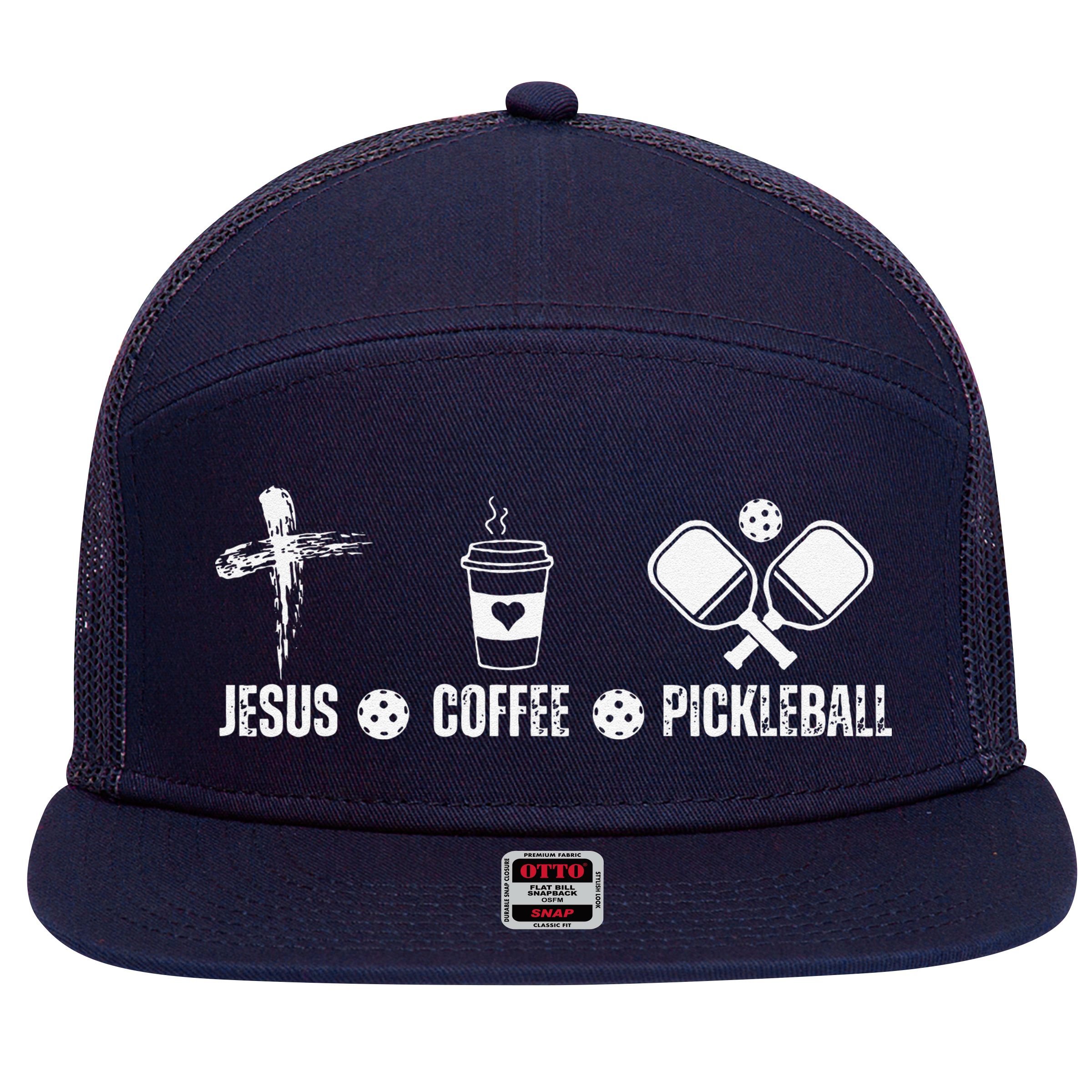 Jesus Coffee Pickleball Funny Christian Pickleball Lovers 7 Panel Mesh Trucker Snapback Hat