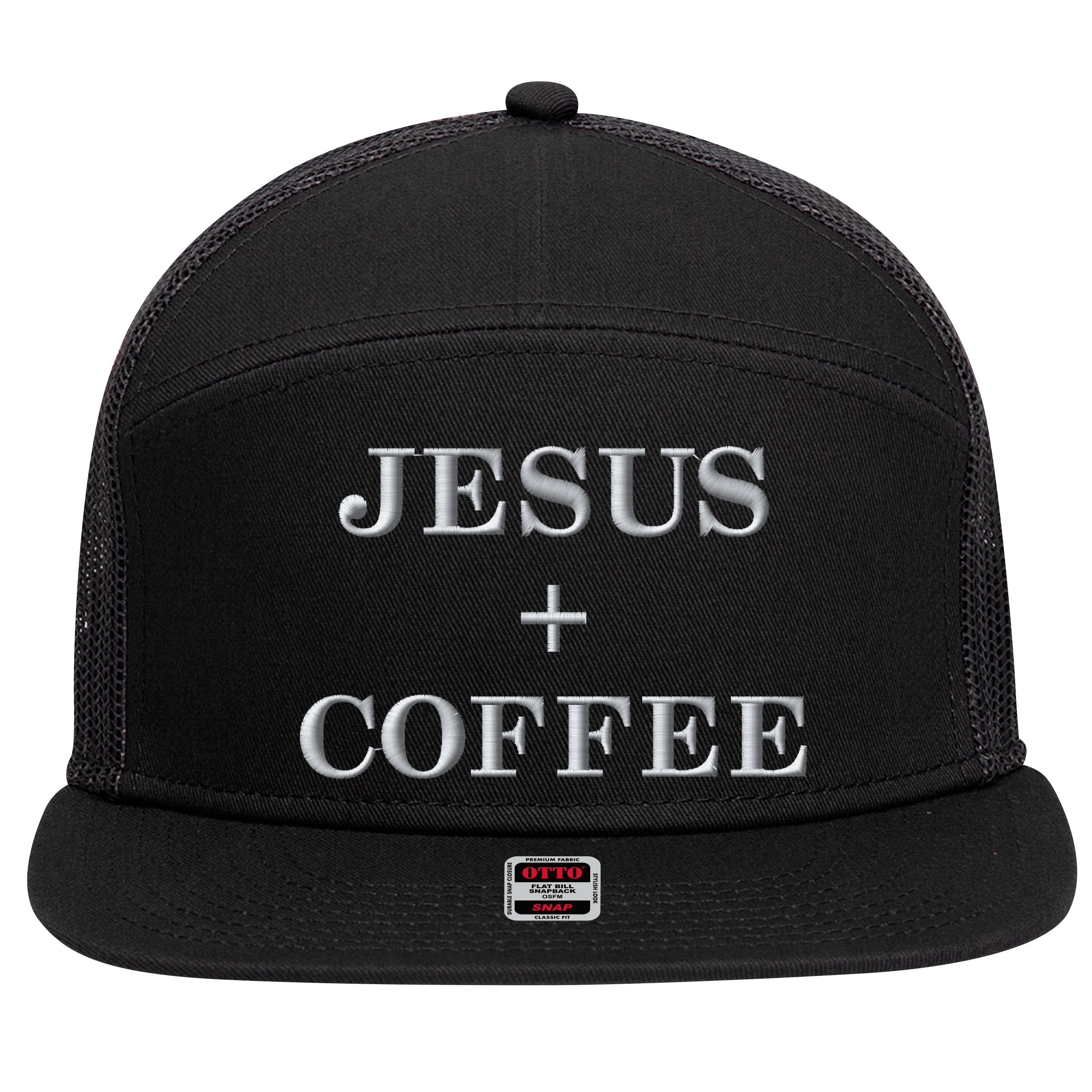 Jesus + Coffee Plus Christian Faith Love Of God And Caffeine Embroidered  Embroidered 7 Panel Mesh Trucker Snapback Hat