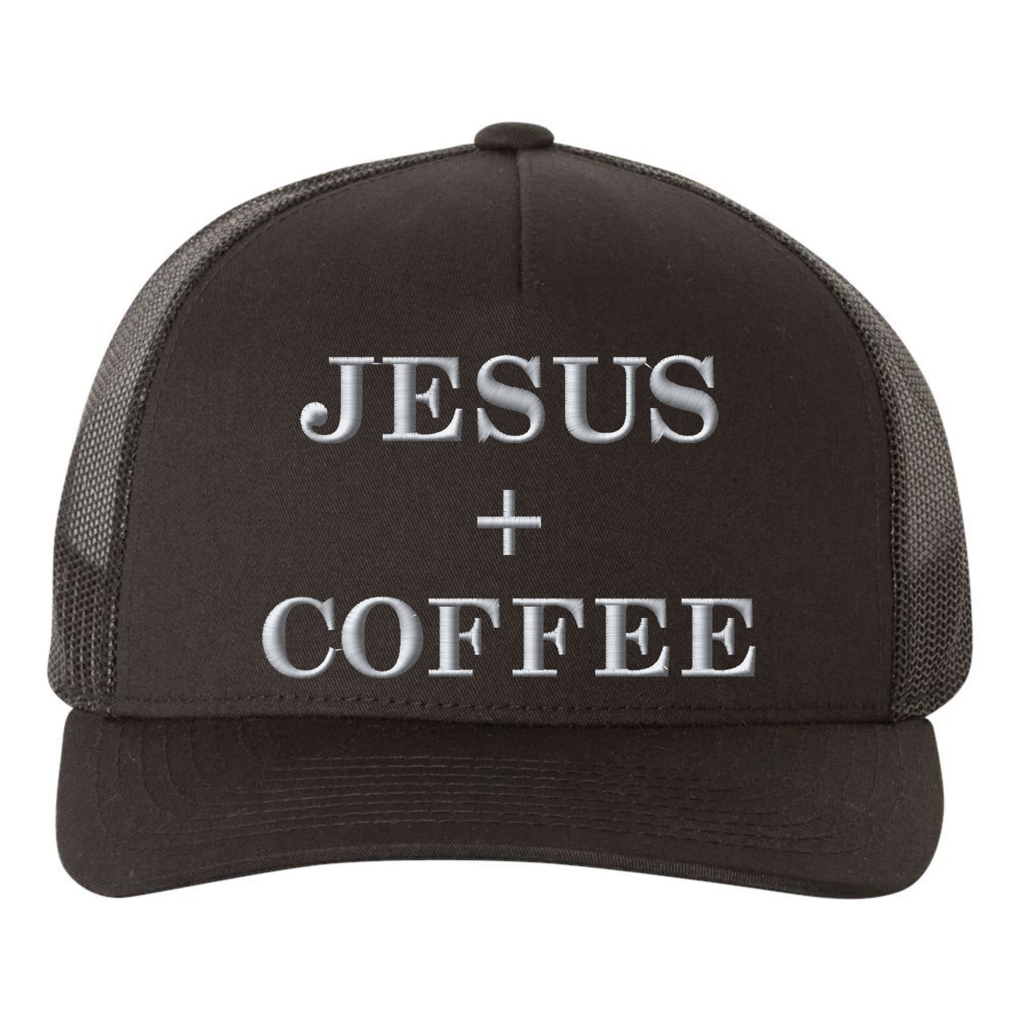 Jesus + Coffee Plus Christian Faith Love Of God And Caffeine Embroidered  Embroidered Yupoong Adult 5-Panel Trucker Hat