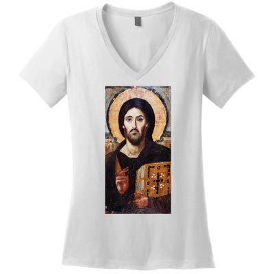 Jesus Christ Pantocrator Sinai Orthodox Christian Icon Gifts Women's V-Neck T-Shirt