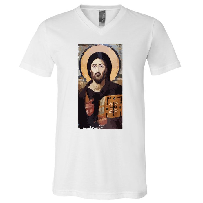 Jesus Christ Pantocrator Sinai Orthodox Christian Icon Gifts V-Neck T-Shirt