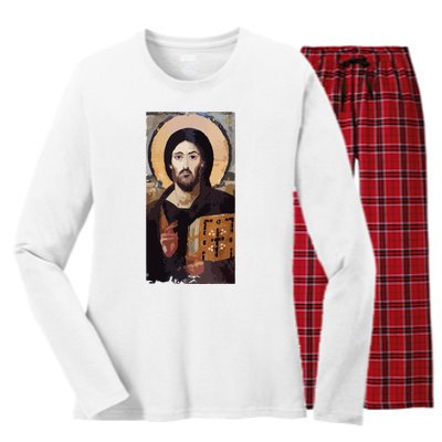 Jesus Christ Pantocrator Sinai Orthodox Christian Icon Gifts Women's Long Sleeve Flannel Pajama Set 