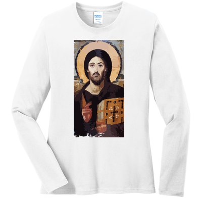 Jesus Christ Pantocrator Sinai Orthodox Christian Icon Gifts Ladies Long Sleeve Shirt