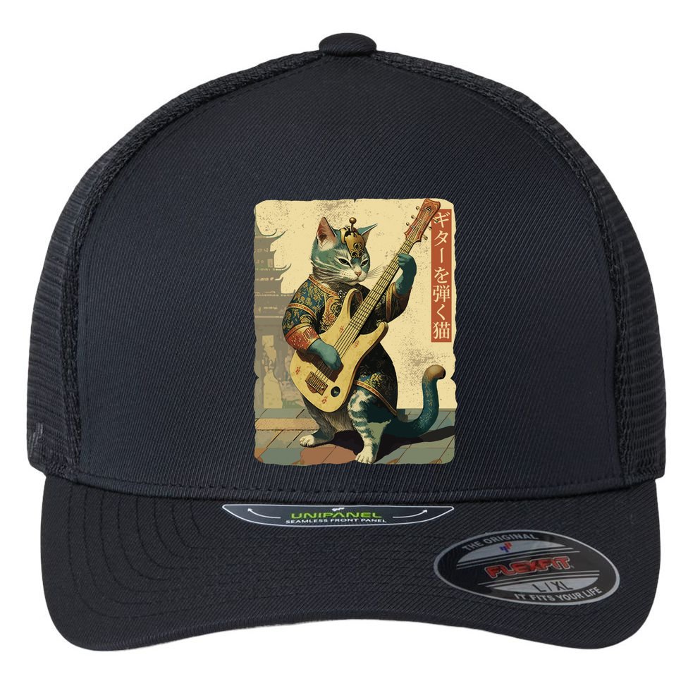 Japanese Cat Princess Playing The Electric Guitar Japanese Samurai Guitar Player Flexfit Unipanel Trucker Cap
