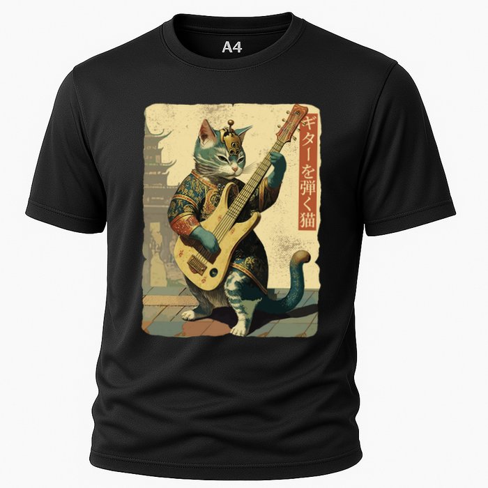 Japanese Cat Princess Playing The Electric Guitar Japanese Samurai Guitar Player Cooling Performance Crew T-Shirt