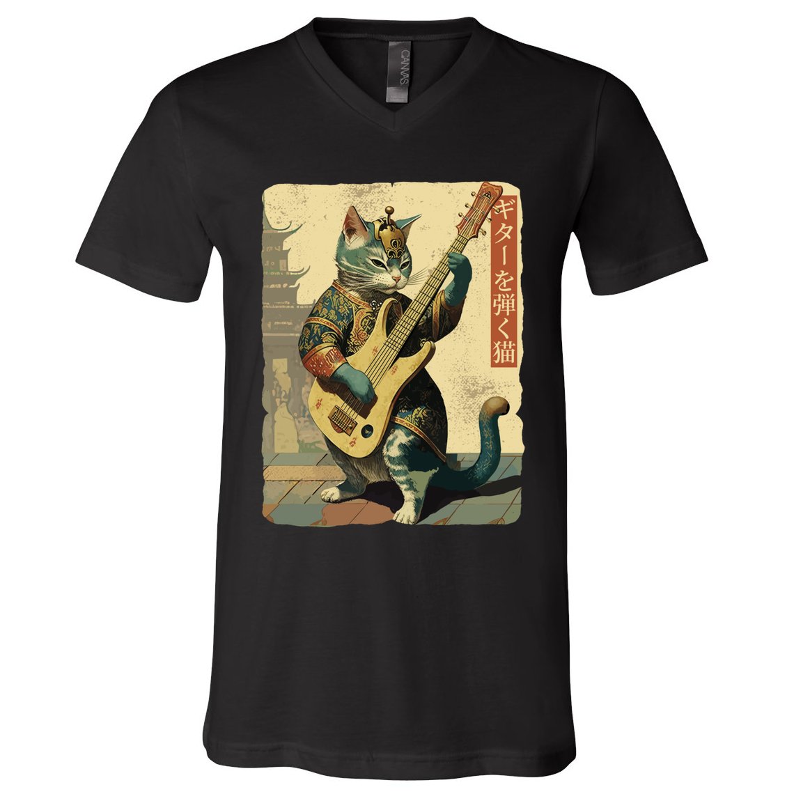 Japanese Cat Princess Playing The Electric Guitar Japanese Samurai Guitar Player V-Neck T-Shirt