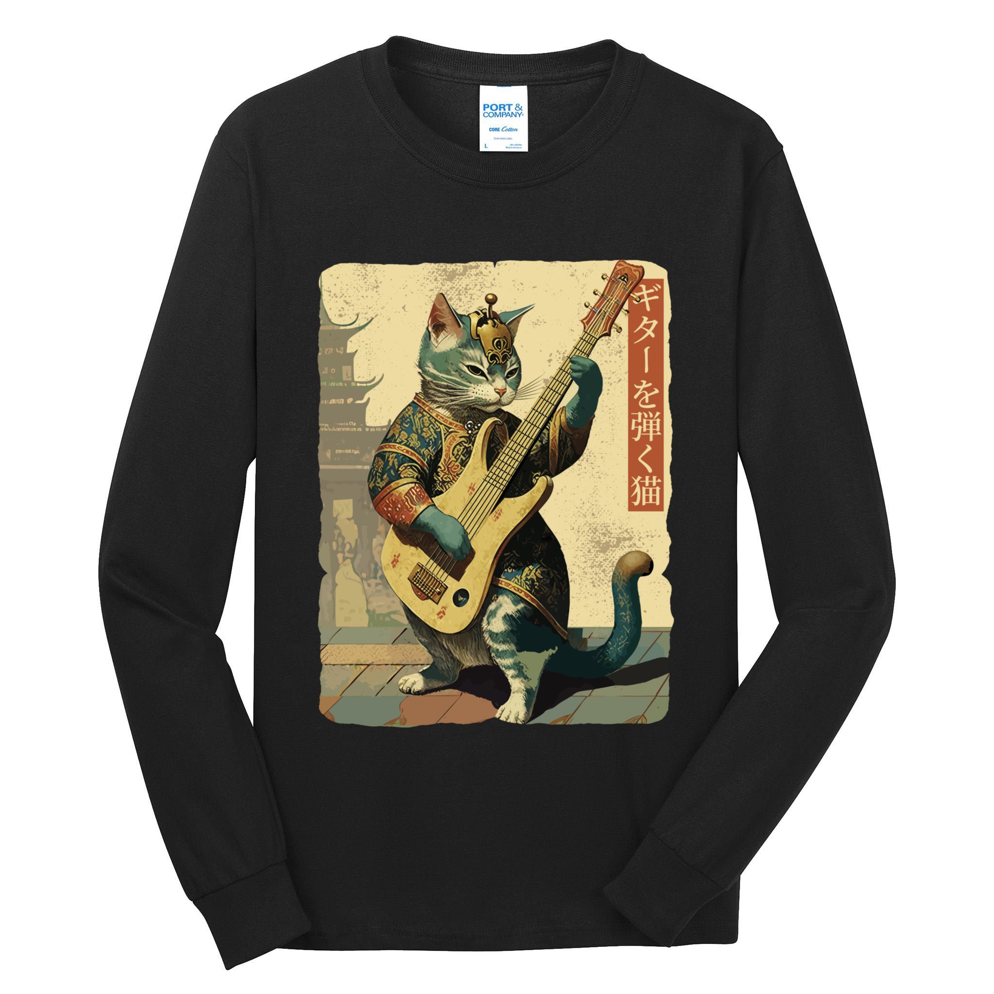 Japanese Cat Princess Playing The Electric Guitar Japanese Samurai Guitar Player Tall Long Sleeve T-Shirt