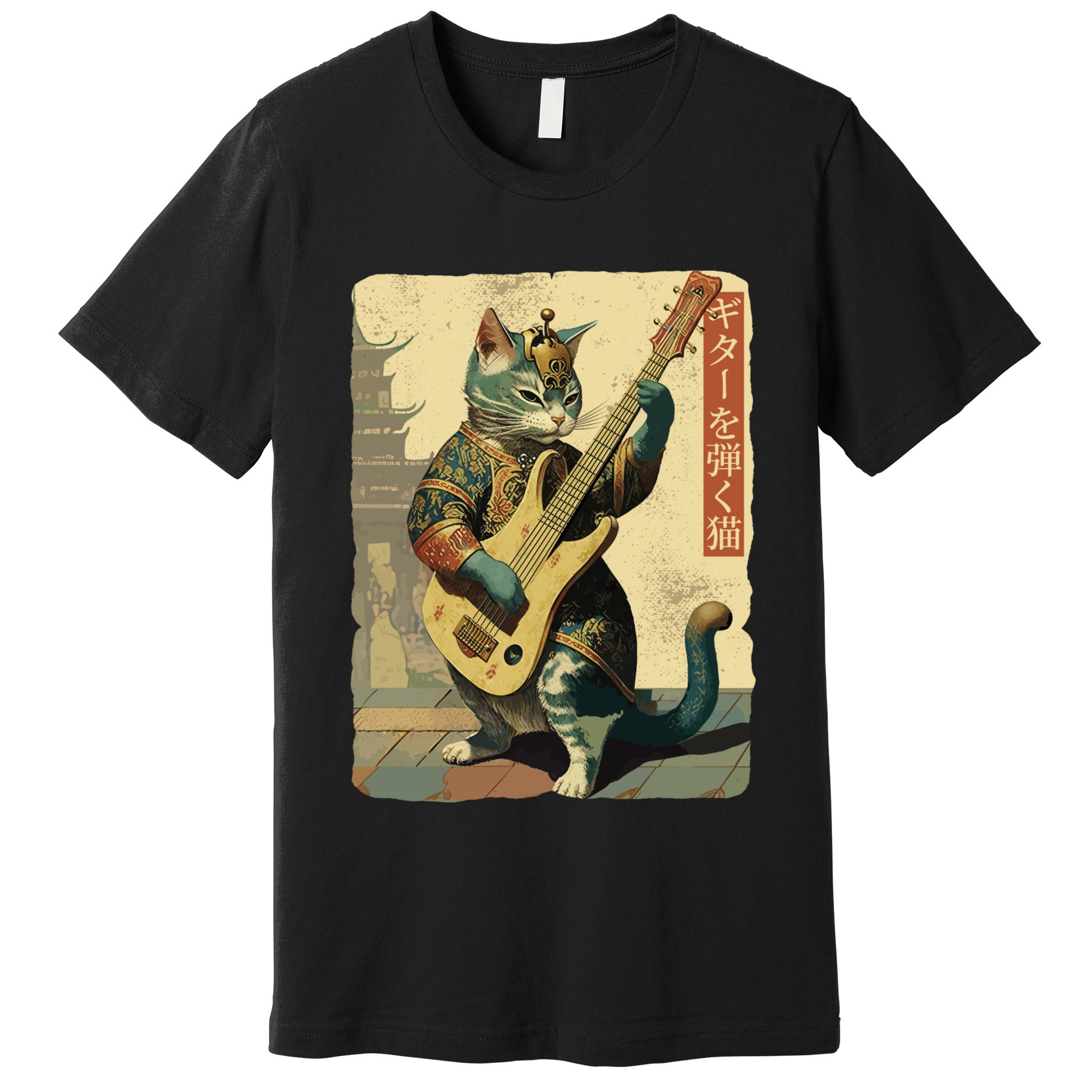 Japanese Cat Princess Playing The Electric Guitar Japanese Samurai Guitar Player Premium T-Shirt