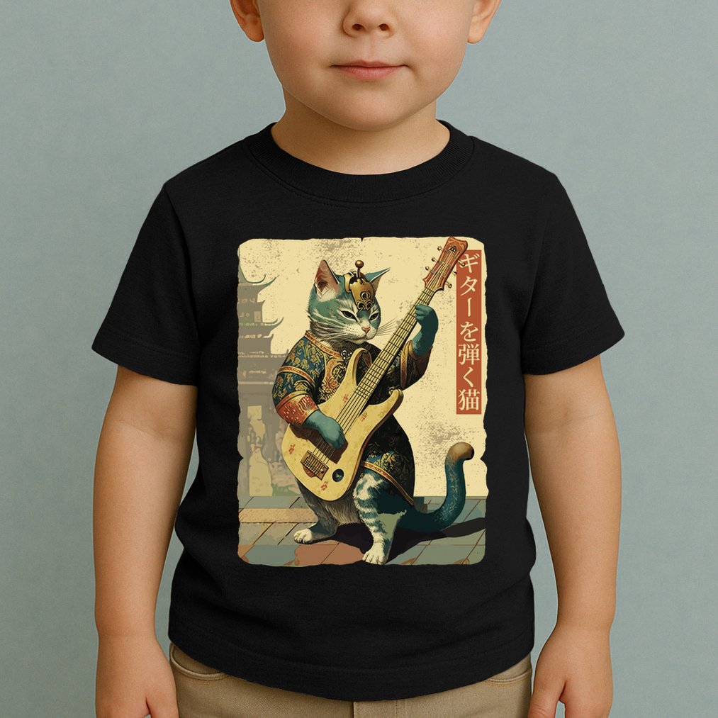 Japanese Cat Princess Playing The Electric Guitar Japanese Samurai Guitar Player Toddler T-Shirt