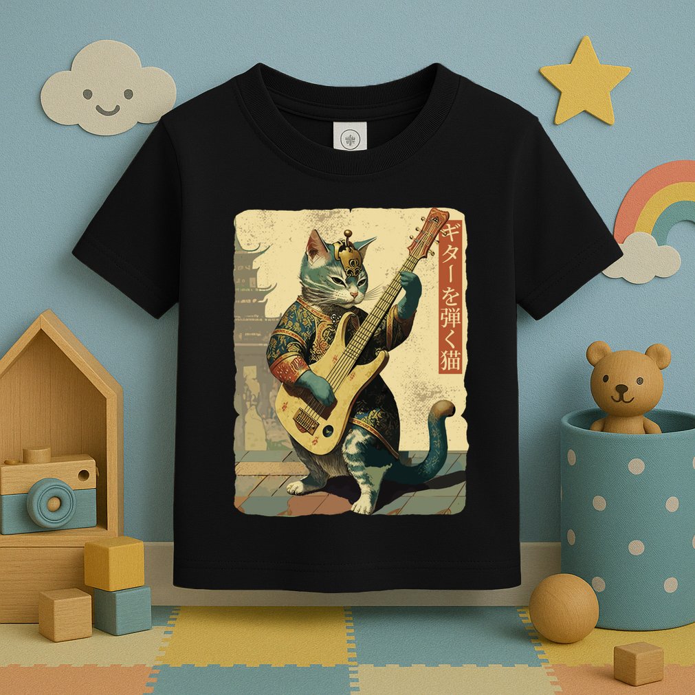 Japanese Cat Princess Playing The Electric Guitar Japanese Samurai Guitar Player Toddler T-Shirt