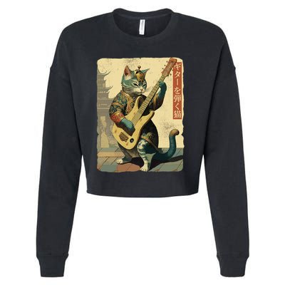 Japanese Cat Princess Playing The Electric Guitar Japanese Samurai Guitar Player Cropped Pullover Crew