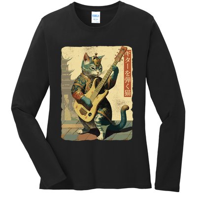 Japanese Cat Princess Playing The Electric Guitar Japanese Samurai Guitar Player Ladies Long Sleeve Shirt
