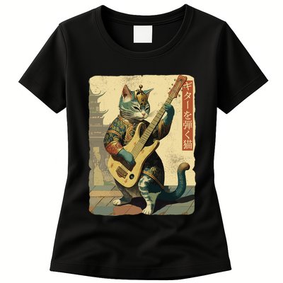 Japanese Cat Princess Playing The Electric Guitar Japanese Samurai Guitar Player Womens T-Shirt
