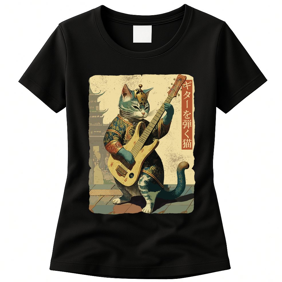 Japanese Cat Princess Playing The Electric Guitar Japanese Samurai Guitar Player Womens T-Shirt