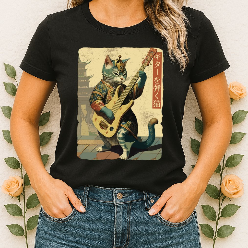 Japanese Cat Princess Playing The Electric Guitar Japanese Samurai Guitar Player Womens T-Shirt