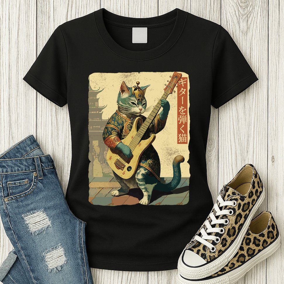 Japanese Cat Princess Playing The Electric Guitar Japanese Samurai Guitar Player Womens T-Shirt