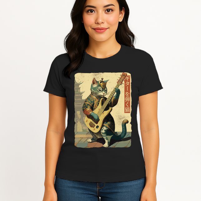Japanese Cat Princess Playing The Electric Guitar Japanese Samurai Guitar Player Womens T-Shirt