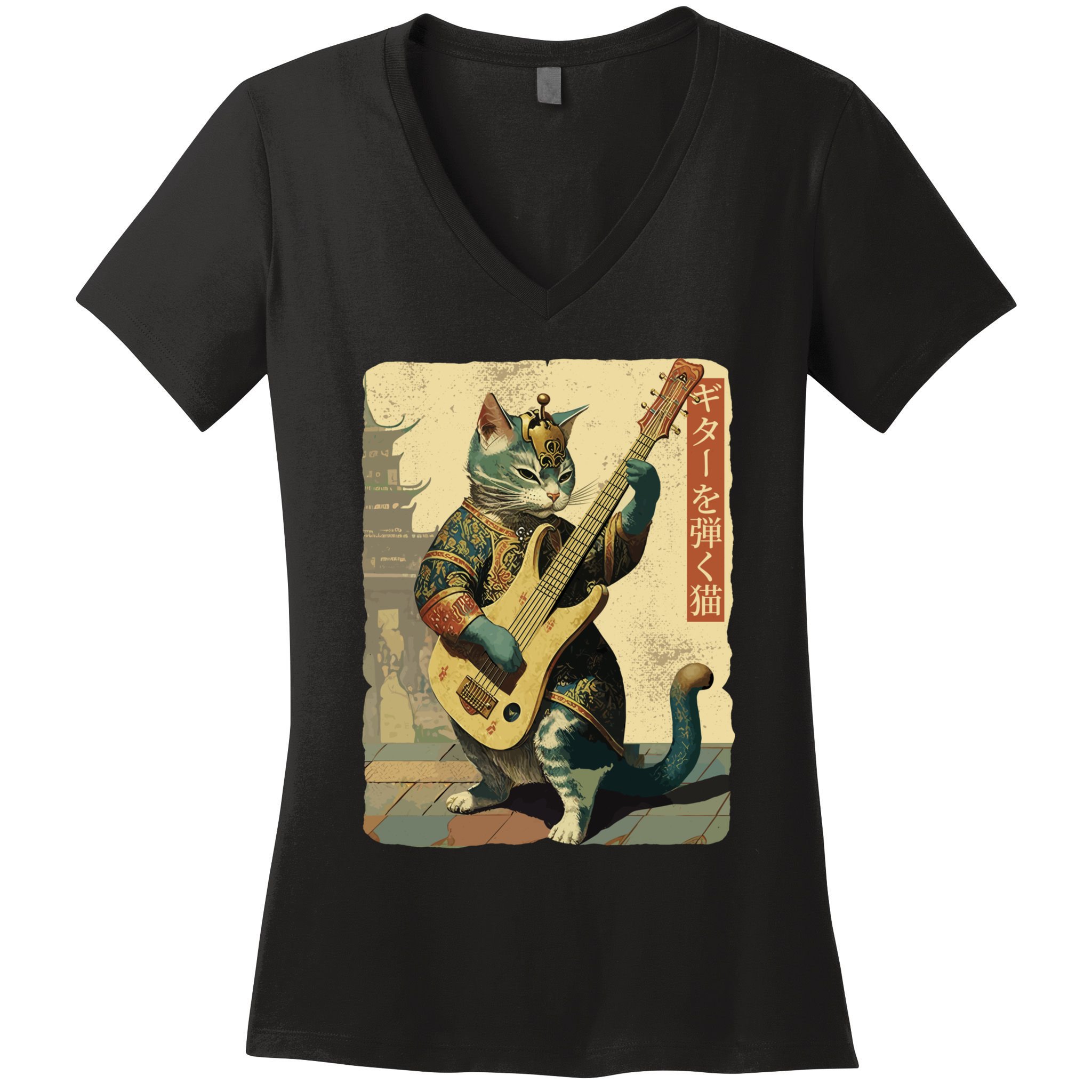Japanese Cat Princess Playing The Electric Guitar Japanese Samurai Guitar Player Women's V-Neck T-Shirt