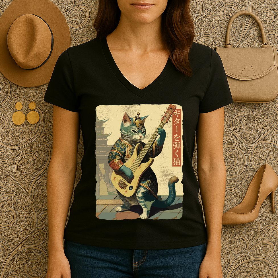 Japanese Cat Princess Playing The Electric Guitar Japanese Samurai Guitar Player Women's V-Neck T-Shirt