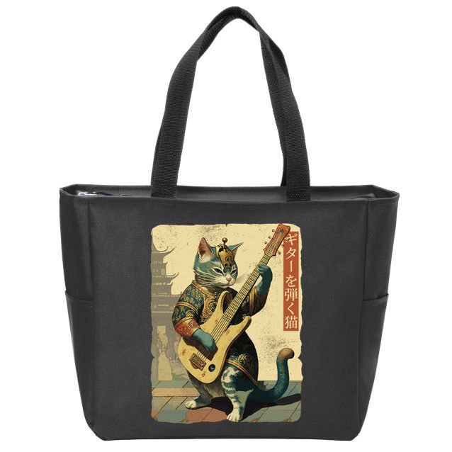 Japanese Cat Princess Playing The Electric Guitar Japanese Samurai Guitar Player Zip Tote Bag