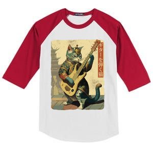 Japanese Cat Princess Playing The Electric Guitar Japanese Samurai Guitar Player Kids Colorblock Raglan Jersey