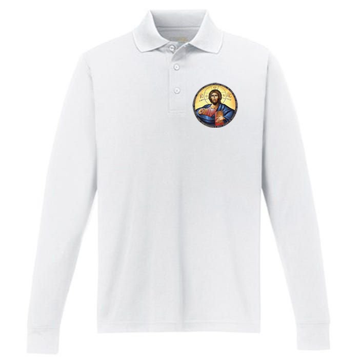 Jesus Christ Pantocrator Orthodox Byzantine Icon Performance Long Sleeve Polo