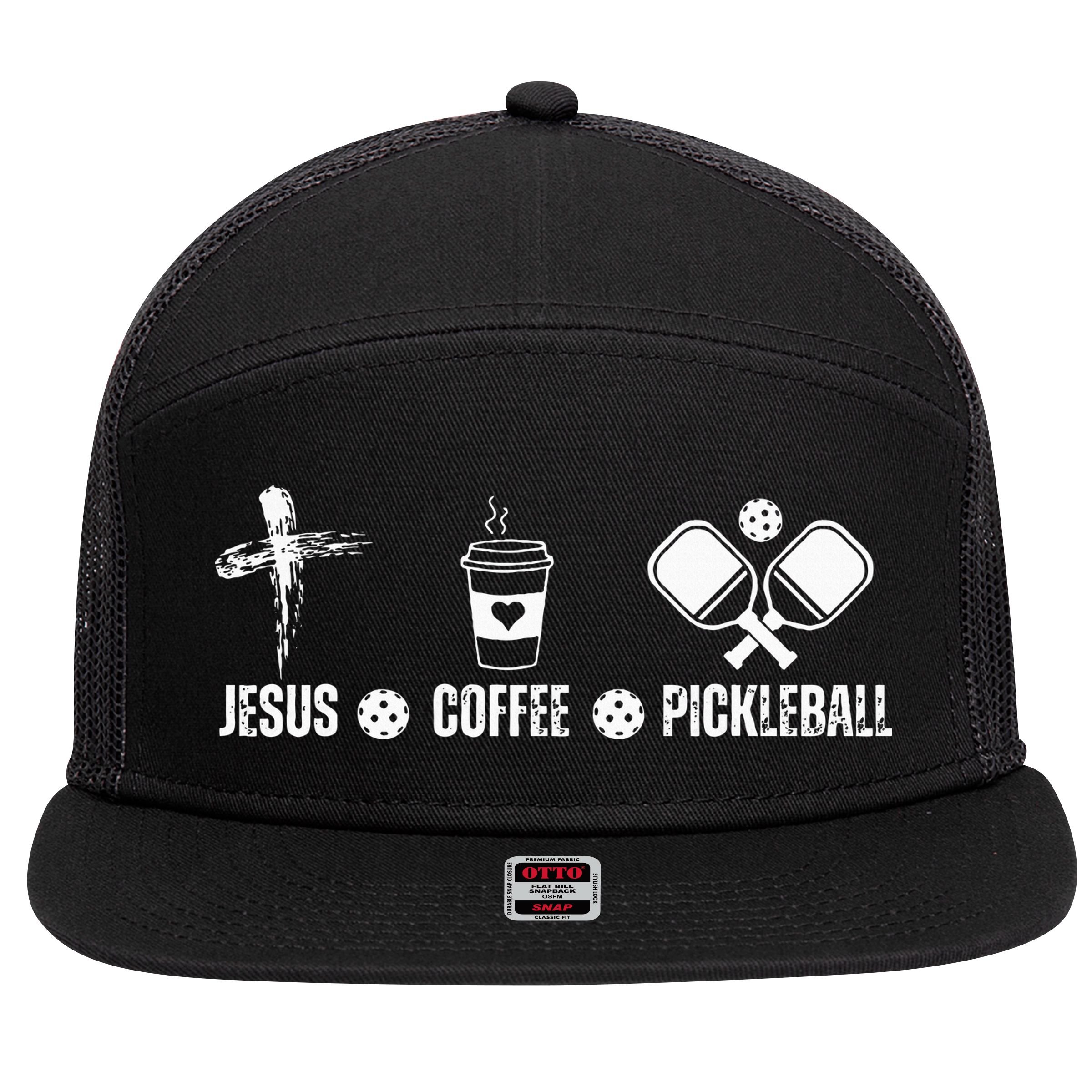 Jesus Coffee Pickleball Funny Christian Pickleball Lovers 7 Panel Mesh Trucker Snapback Hat