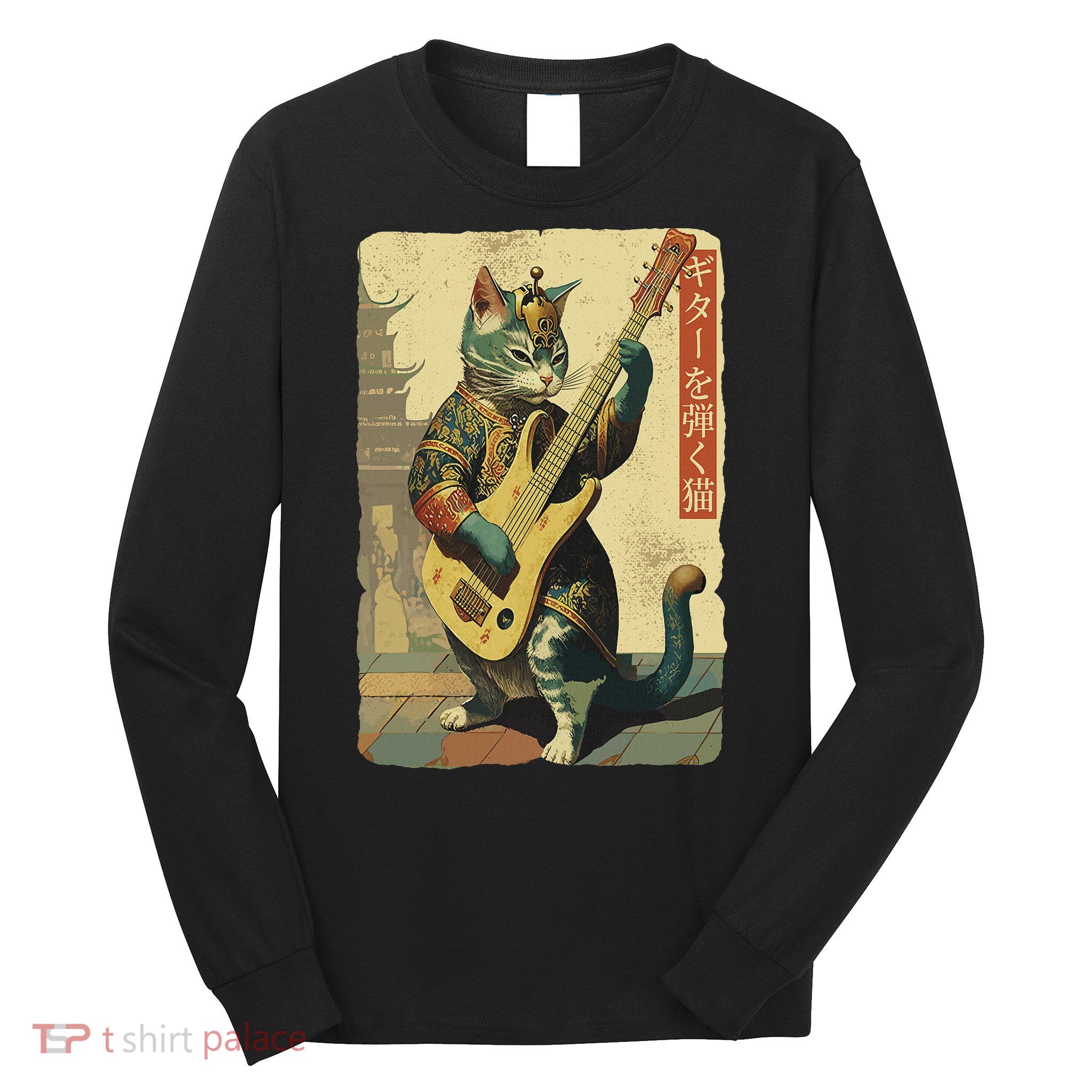 Japanese Cat Princess Playing The Electric Guitar Long Sleeve Shirt