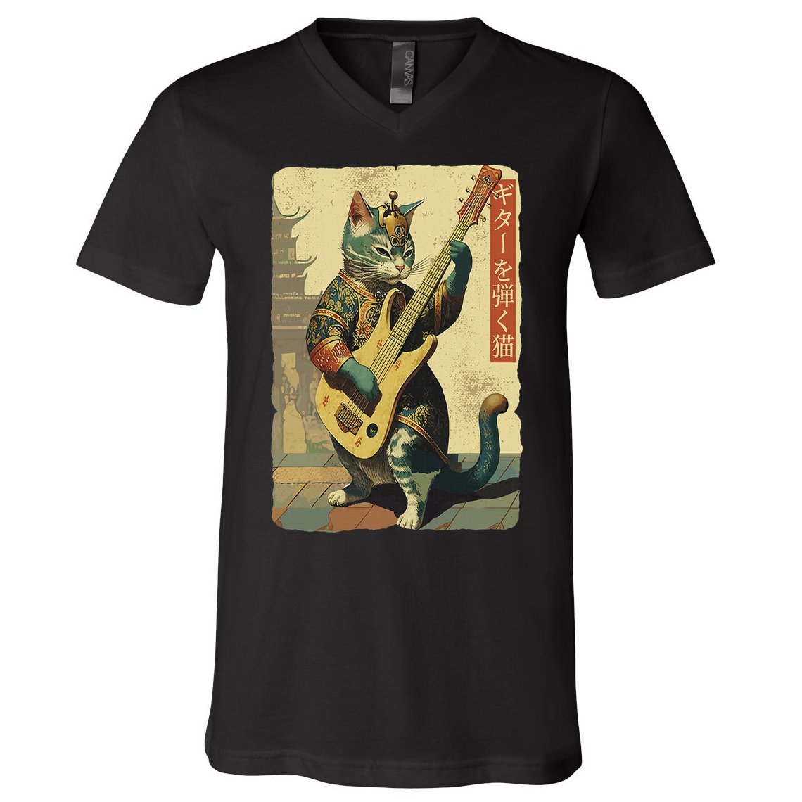 Japanese Cat Princess Playing The Electric Guitar V-Neck T-Shirt