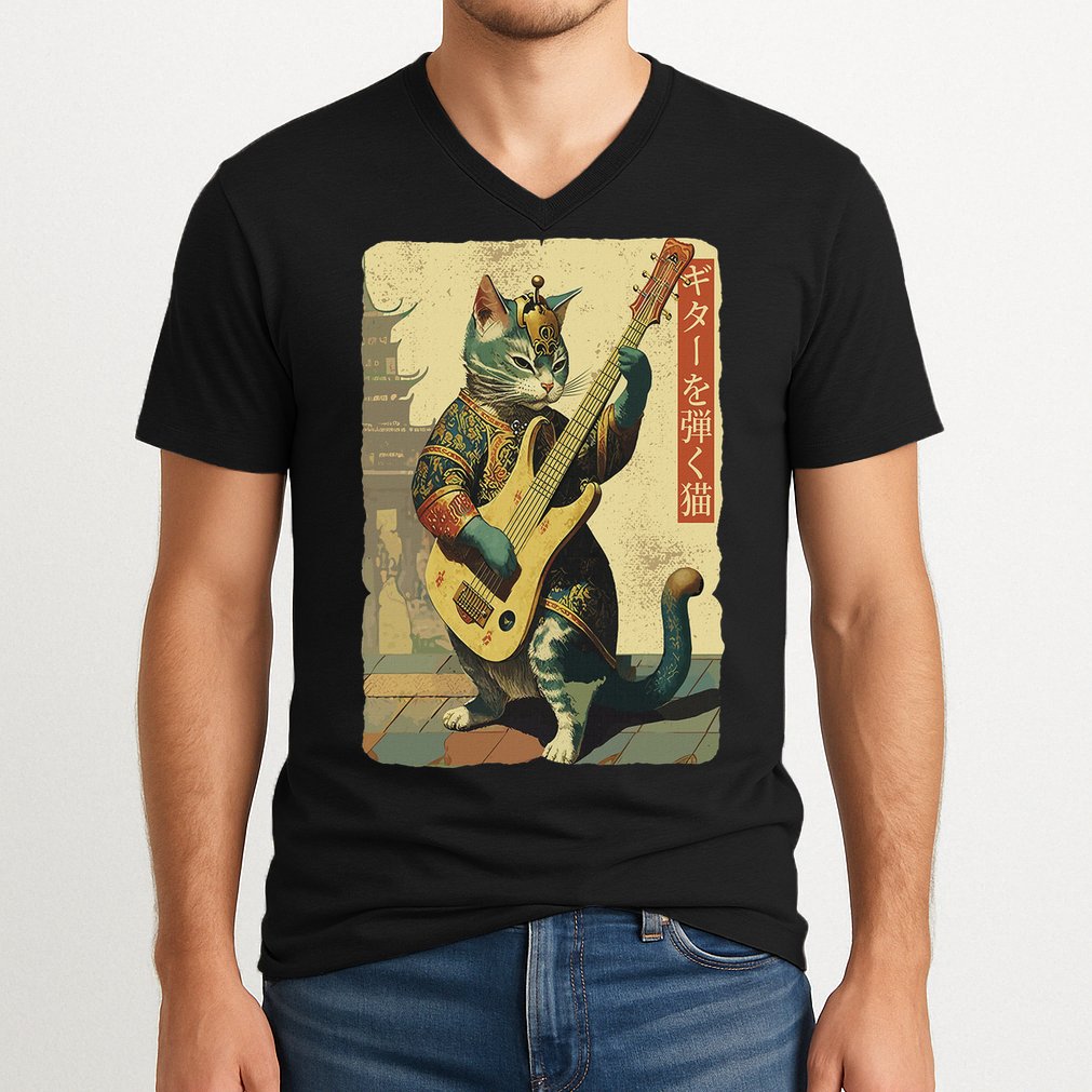 Japanese Cat Princess Playing The Electric Guitar V-Neck T-Shirt
